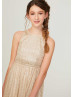 Gold Sequin Sparkling Ruched Waist Junior Bridesmaid Dress